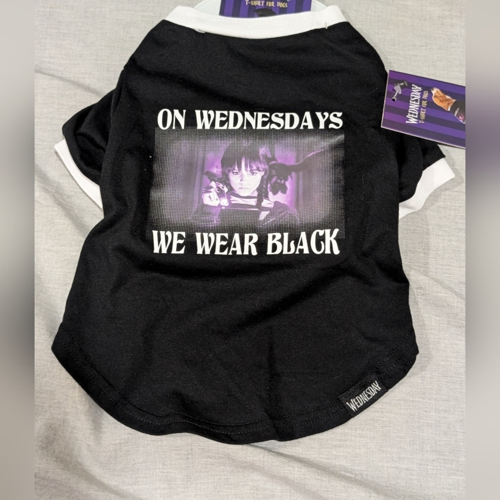 NWT, Wednesday Adams Black Graphic Tee For Dogs, Size Medium